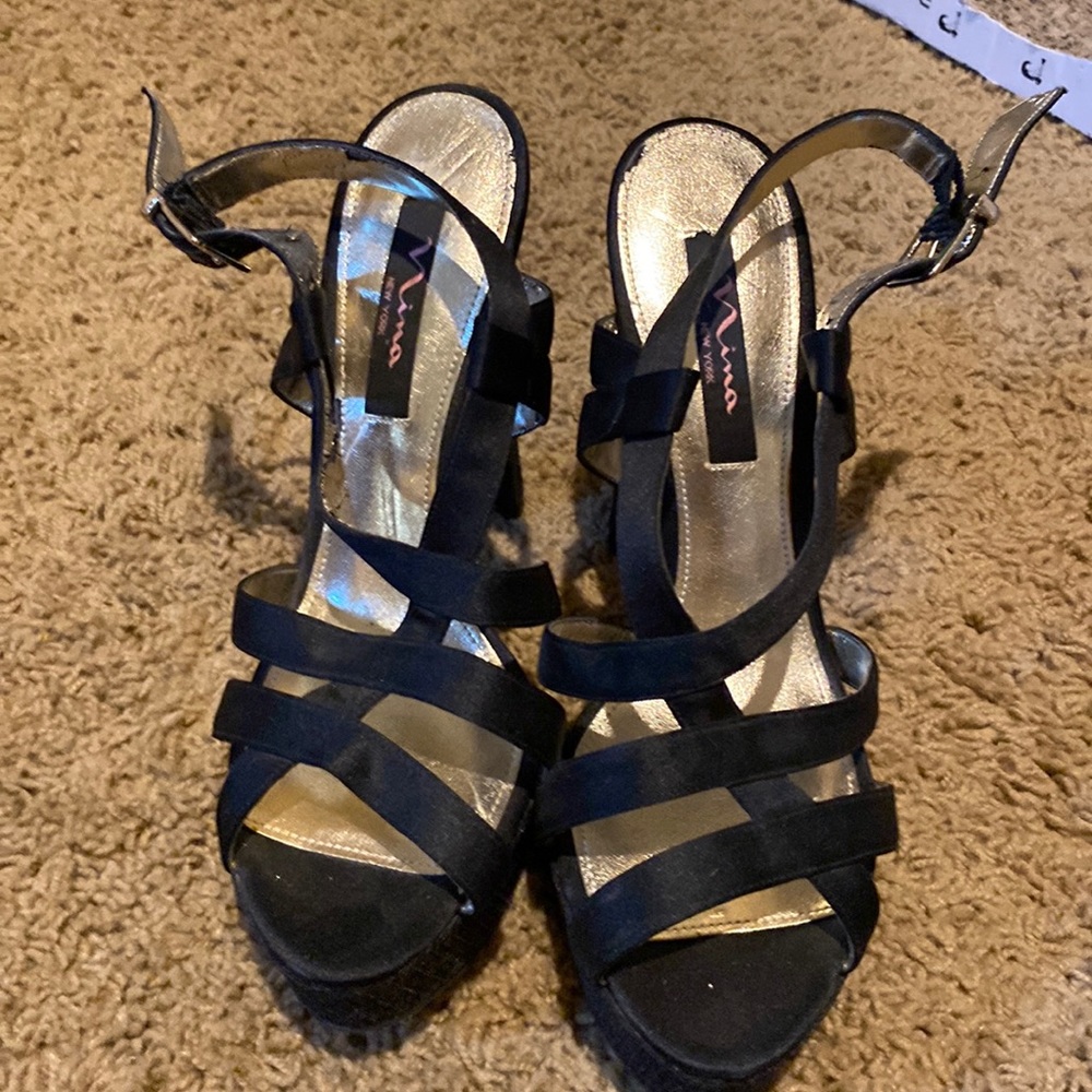 Nina New York Black Blingy Ultra High Platform Strappy Dressy Heels 9.5 (39.5)